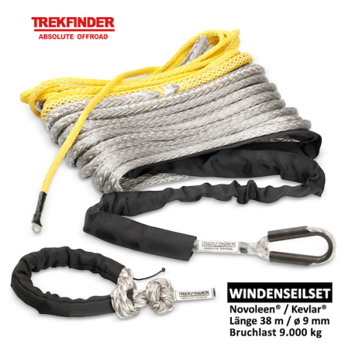 Kunststoffwindenseil inkl. Softschkel TREKFINDER aus NOVOLEEN grau / KEVLAR gelb - : 9 mm / Lnge: 38 m / Systembruchlast: 9 t - inkl. Prfbuch - Made in Germany
